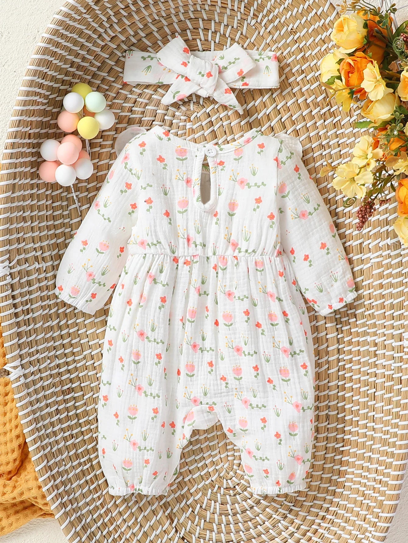 Floral Bow Baby Jumpsuit & Headband Set 0-6M
